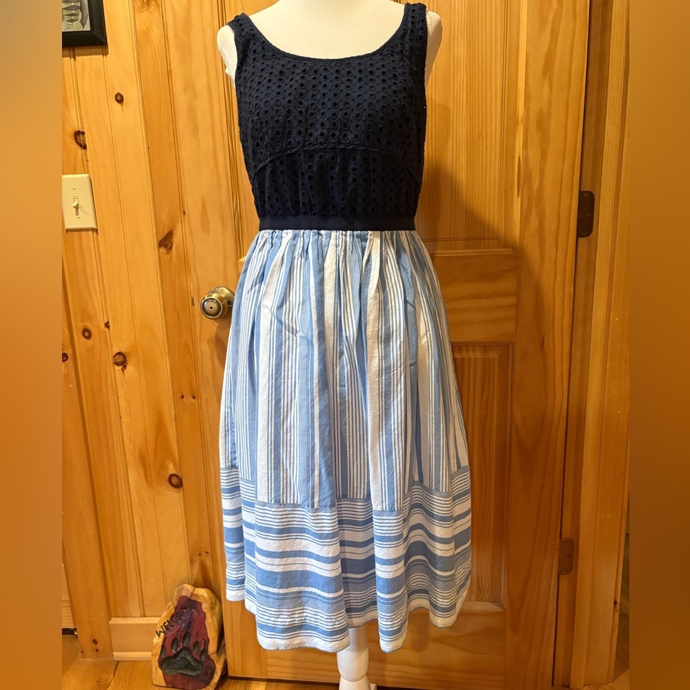 Loft Navy Blue Eyelet Chambray Striped Lined Dress